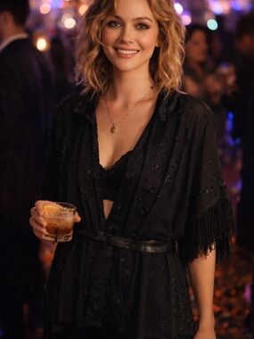 Topshop Black Sheer Floral Fringe Kimono with Velvet Collar EUC